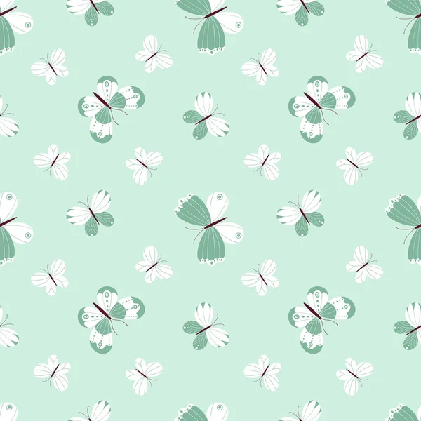Modèle vectoriel sans couture avec une variété de papillons sur un fond vert clair. — Image vectorielle