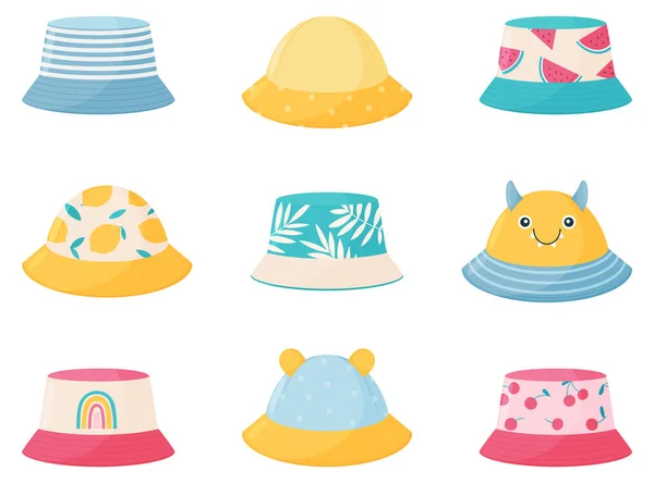 Set of children s summer hats. Bright hats of different colors for girls and boys. — Vector de stock