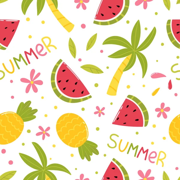 Summer seamless pattern. Watermelons, pineapples, palm trees and flowers. — Stockvektor