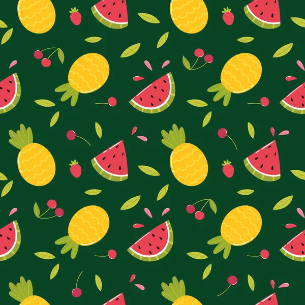 Fruit seamless pattern. Bright summer fruits and berries on a dark green background. Vector cartoon in hand drawn simple flat style. — Stockvektor