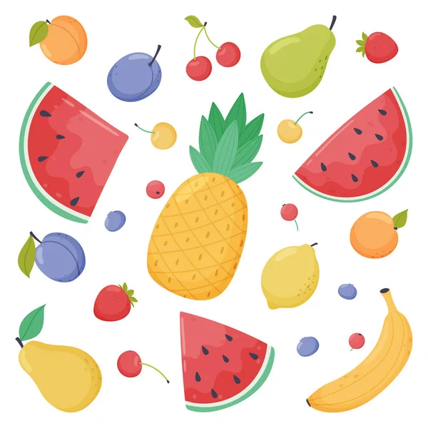 Sommerfruchtkollektion. Set mit frischen tropischen und Gartenfrüchten, veganes Bio-Essen — Stockvektor