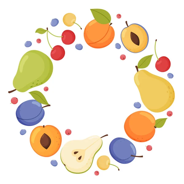 Quadro redondo de frutas frescas do jardim e bagas. Alimentos veganos orgânicos. — Vetor de Stock