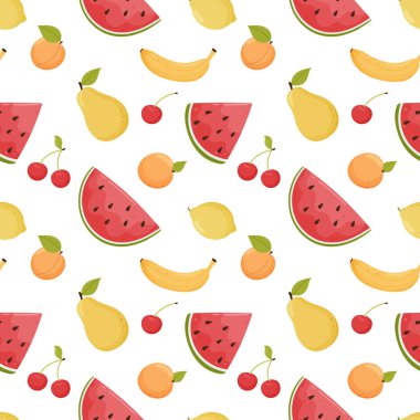 Meyvesiz, dikişsiz desen. Beyaz arka planda yaz taze meyveleri. Çizgi film tarzında vektör illüstrasyonu