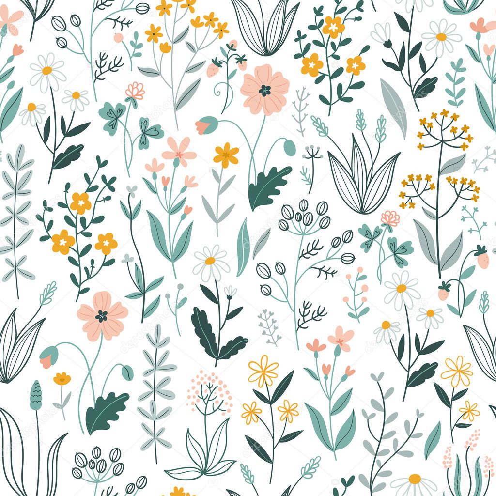 Seamless pattern with wild flowers and herbs. Simple hand drawn style. Vector illustration isolated on white background.