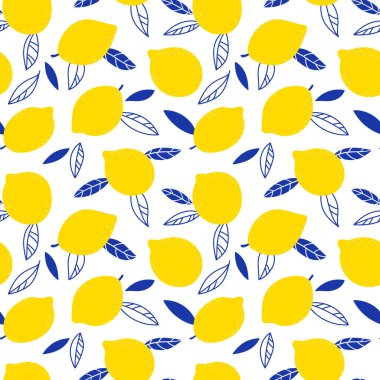Beyaz arka planda limon ve yapraklarla kusursuz bir desen. Bahar ve yaz için mükemmel hediye kağıdı, kumaş, kapak tasarımı