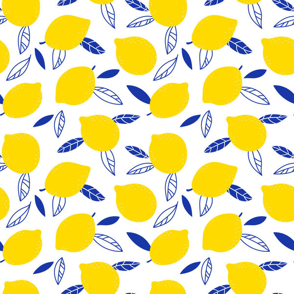 Бесшовный рисунок с лимонами и листьями на белом фоне. Перфект для весенне-летней подарочной бумаги, дизайн обложки