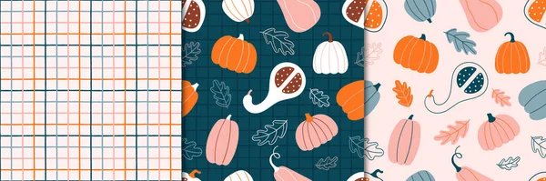 Conjunto Patrones Sin Costura Juego Con Calabazas Fondo Cuadros Fondo — Vector de stock