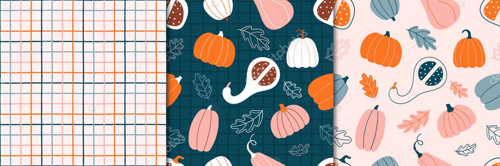 Set of matching seamless patterns with pumpkins and plaid background. Vector background for the design of autumn holidays