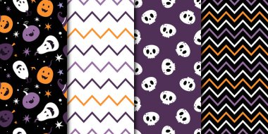 Halloween. Set of seamless patterns with pumpkins, skulls and geometric shapes. Vector illustration clipart