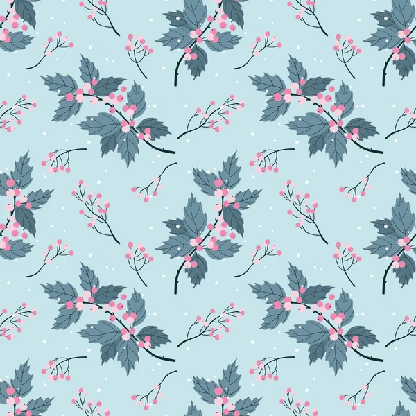 Seamless Pattern Branches Holly Berries Light Blue Background Flat Style — Image vectorielle