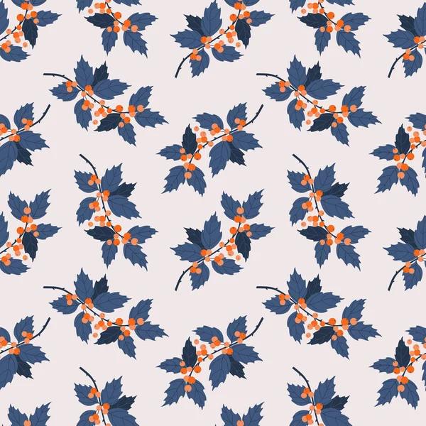 Seamless Pattern Branches Holly Berries Flat Style Vector Illustration — Stockvektor