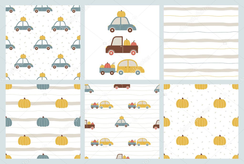 Set of matching seamless patterns and print. Cute cars, pumpkins and stripes. Vector seamless background for fabric, wrapping, textile, wallpaper, fashion design.