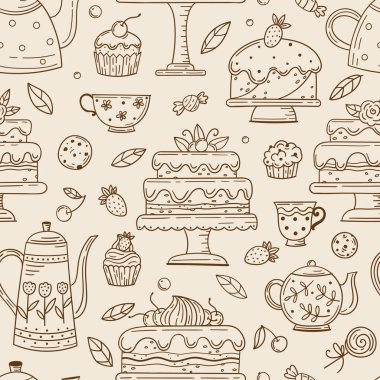Seamless pattern of cups, teapots, cookies, cakes and other sweets. Vector icons in black and white sketch style.