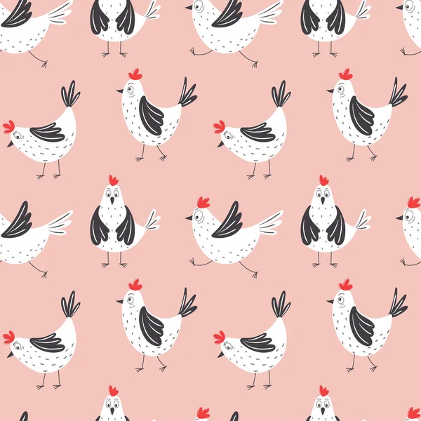 无缝隙的图案和滑稽的小鸡 病媒动物背景 儿童面料设计 — 图库矢量图片
