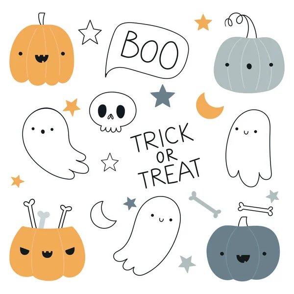 Set Handwritten Text Cute Halloween Symbols Ghosts Pumpkins Skull Stars — Image vectorielle