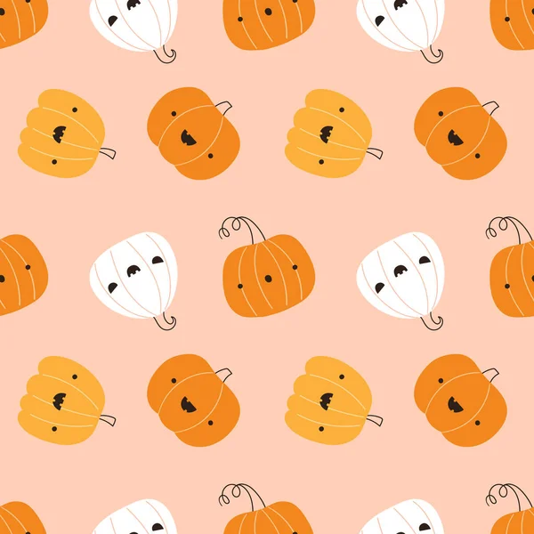 Halloween Seamless Pattern Cute Pumpkins Light Pink Background Cute Seamless — Vector de stock