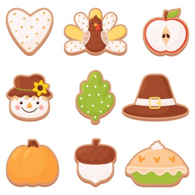 Thanksgiving cookie set in flat cartoon style. Vector illustration isolated on white background