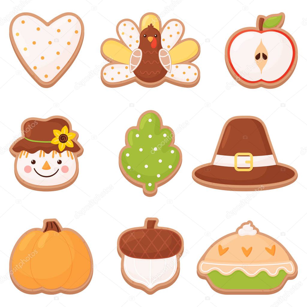 Thanksgiving cookie set in flat cartoon style. Vector illustration isolated on white background
