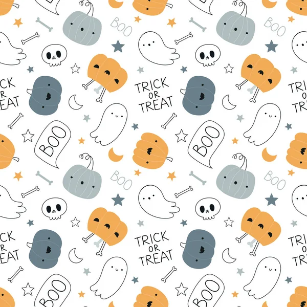 Halloween Seamless Pattern Cute Pumpkins Ghosts Skull Lettering White Background — Image vectorielle