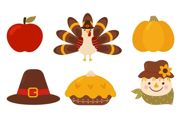 Thanksgiving Day Icons Seasonal Autumn Design Turkey Fruit Pie Pumpkin — Vector de stock