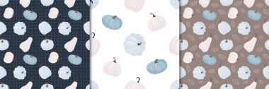 Pumpkins set of seamless patterns. Pastel palette. Vector seamless background for textile, fabric, wrapping paper