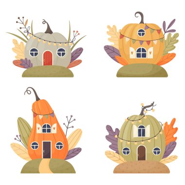 Cartoon fantasy pumpkin houses for fairies, elves, gnomes. Cute fairy tale houses in vector set isolated on white background.