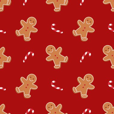 Seamless christmas pattern gingerbread man and candy canee on red background. Vector seamless background for textile, fabric, wrapping paper.
