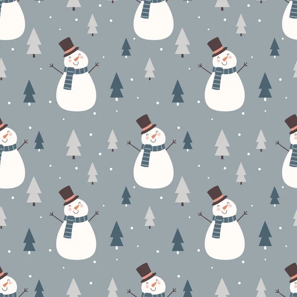 Seamless Winter Pattern Cute Snowmen Christmas Trees Seamless Background Baby — стоковый вектор