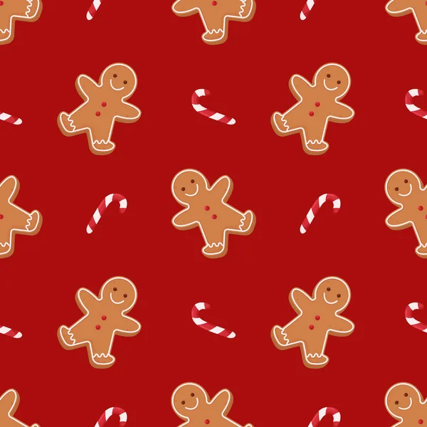 Seamless Christmas Pattern Gingerbread Man Candy Canee Red Background Vector — Wektor stockowy