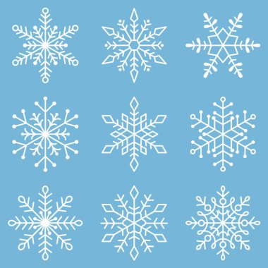 Vector set of white snowflakes on a blue background. Vector icons for winter and christmas design