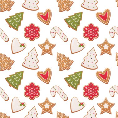 Beyaz arka planda çeşitli zencefilli Noel kurabiyeleri olan kusursuz bir Noel deseni. Tekstil, kumaş, ambalaj kağıdı için vektörsüz arkaplan.