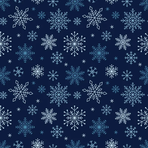 濃い青の背景に雪片の様々なシームレスなパターンを雪片 ベクターイラスト — ストックベクタ