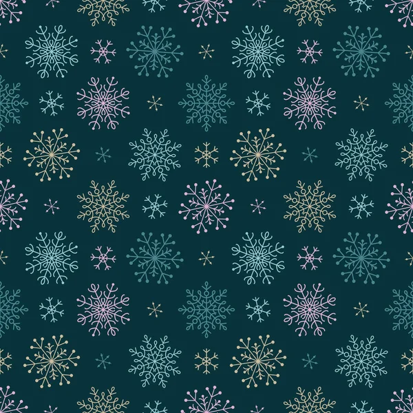 Snowflakes Αδιάλειπτη Μοτίβο Μιας Ποικιλίας Νιφάδες Χιονιού Σκούρο Φόντο Εικονογράφηση — Διανυσματικό Αρχείο
