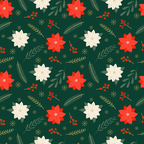 Modèle Noël Sans Couture Avec Des Fleurs Poinsettia Des Branches — Image vectorielle