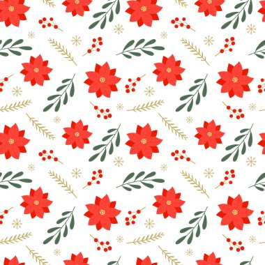 Noktalı, böğürtlenli ve kış bitkilerli kusursuz bir Noel deseni. Vektör illüstrasyonu beyaz arkaplanda izole edildi