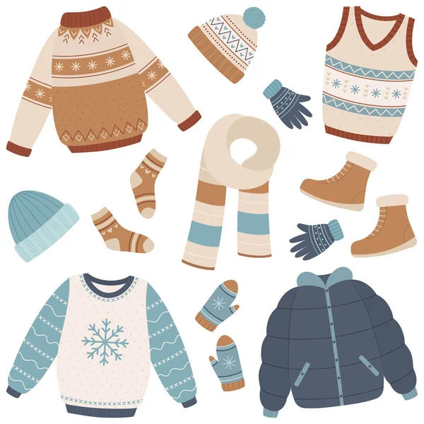 Vector Set Winter Clothes Sweaters Socks Hat Mittens Scarf Boots — Stock Vector