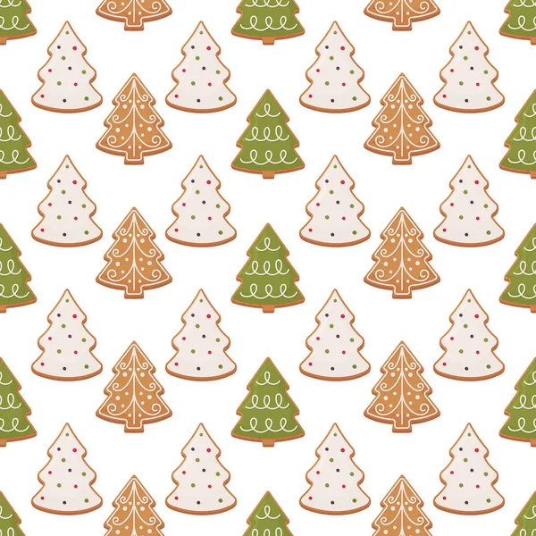 Seamless Pattern Christmas Gingerbread Trees Festive Background Flat Cartoon Style — Stock Vector