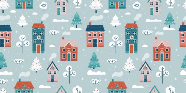 Kış manzarası ve evlerle kusursuz bir düzen. Noel ve kış tatilleri için kusursuz bir geçmiş. Vektör illüstrasyonu