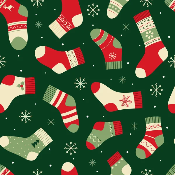 Seamless Pattern Bright Christmas Socks Green Background Vector Illustration Packaging — стоковый вектор