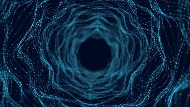 蓝色背景的技术线框隧道 未来派3D虫孔网格 大数据可视化 3D渲染 — 图库视频影像