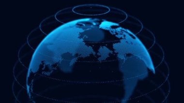 Ağ bağlantısı yapısı. Gezegendeki dijital bağlantı verilerine sahip soyut teknoloji arka planı. Noktalardan oluşan Dünya haritası. Blockchain konsepti. 3B görüntüleme.