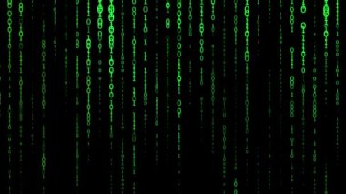 Yeşil matris arka planı. İkili kod akışı. Karanlık arka planda düşen numaralar. Dijital bilgisayar kodu. Kodlama ve hackleme. 3B görüntüleme.