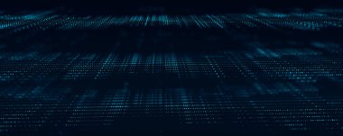 Parçacıkların dijital mavi arkaplanı. Soyut fütürist illüstrasyon. Büyük veri görselleştirmesi. Teknoloji dinamik noktaları arka planda. 3B görüntüleme.