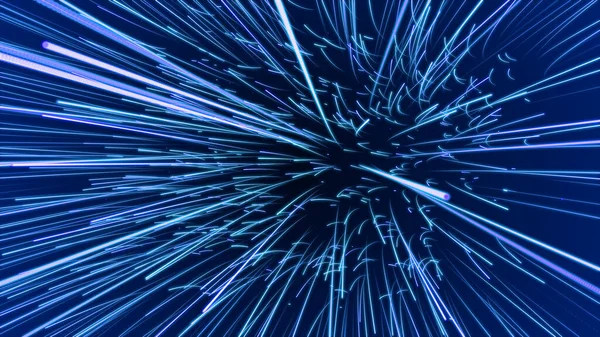 Blue hyper jump. Digital hyperspace with stars explosion. Abstract futuristic speed background. Dynamic motion lines on blue backdrop. 3D rendering.