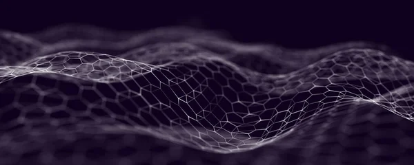 数字动态网络波 带有圆点和线条的未来主义六边形背景 大数据可视化 3D渲染 — 图库照片#