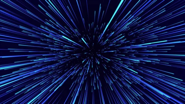 蓝色的超跳跃 恒星爆炸的数字超空间 抽象的未来速度背景 蓝色背景上的动态运动线 3D渲染 — 图库照片#