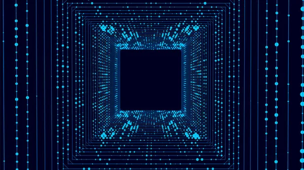 黑暗背景下的技术线框正方形隧道 未来派3D虫孔网格 数字动态波 矢量说明 — 图库矢量图片