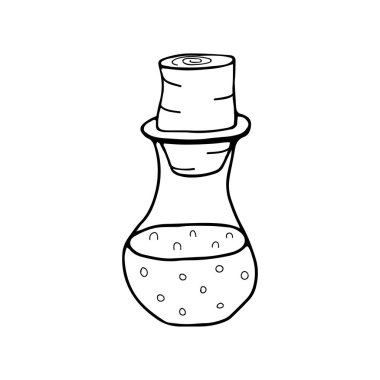 İçinde mantar ve sıvı bulunan bir şişe taslağı. Tasarım için vektör ögesi.