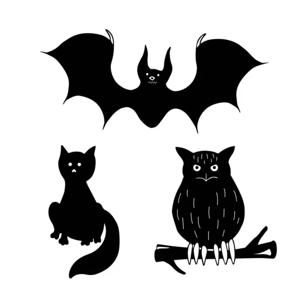 Tierset Halloween Katze Fledermaus Eule Vektorelemente Für Das Design Doodle — Stockvektor