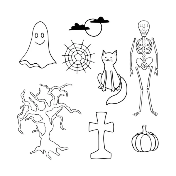 Kritzeleien Für Halloween Gespenst Spinnennetz Mond Mit Wolken Katze Skelett — Stockvektor